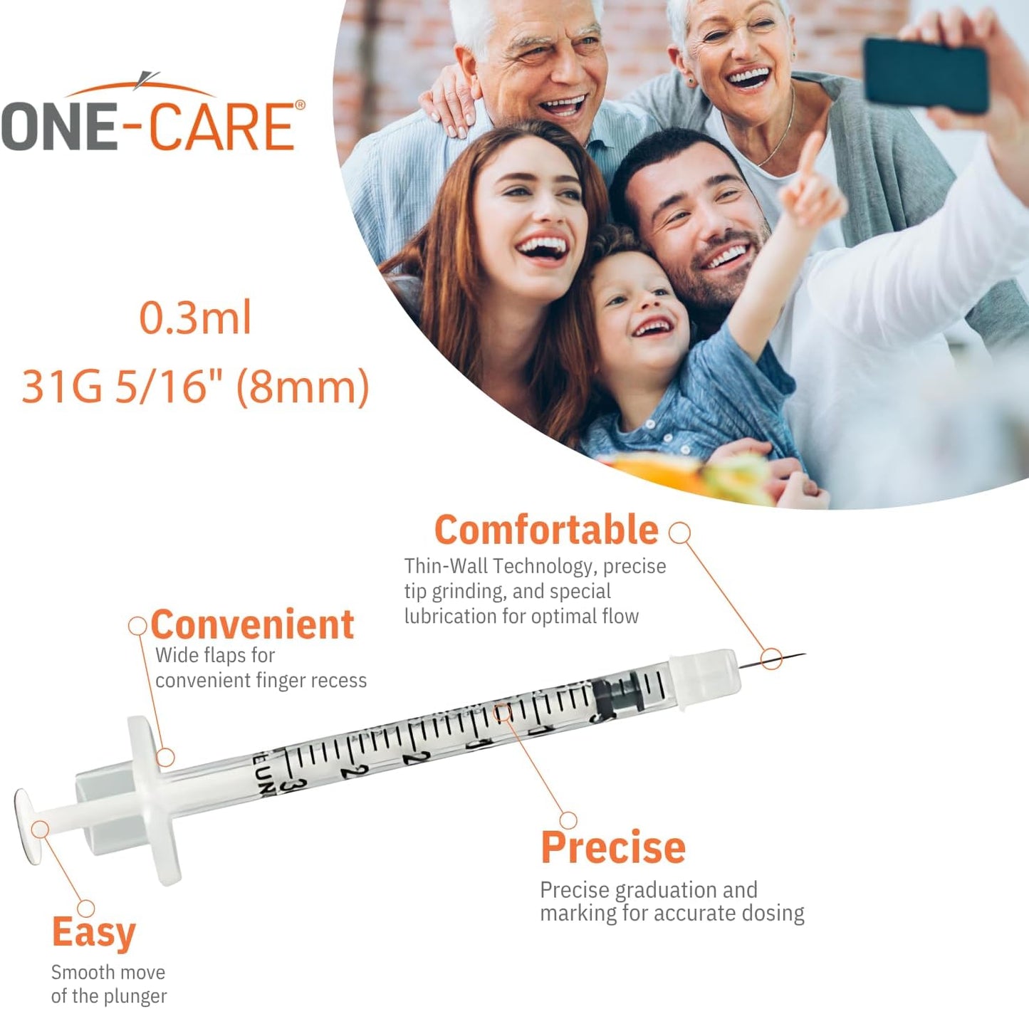 (Box) ONE-CARE Insulin Syringes 0.3cc (8mm), 100/bx, 20bx/cs