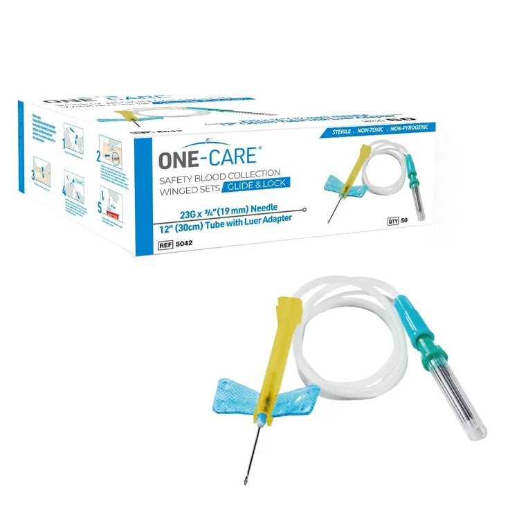 (Box) ONE-CARE GLIDE & LOCK Safety Blood Collection Wing Sets , Luer Adapter, 12' Tube, 50/bx, 20bx/cs