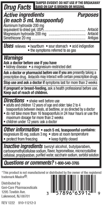 GeriCare Geri-MOX Regular Strength Antacid & Antigas, Liquid Mint Flavor, 12 Fl Oz