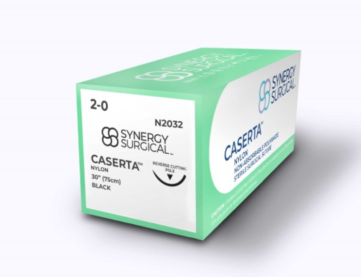 (Box) 2-0 Synergy Surgical Caserta Nylon Black 30" PSLX Premium Reverse Cutting, 12/Bx