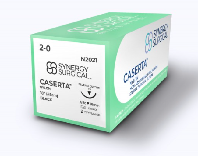 (Box) 2-0 Synergy Surgical Caserta Nylon Black 18" FS Reverse Cutting, 12/Bx