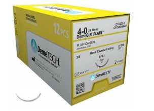 (Box) Demetech Suture, Reverse cutting, Plain CATGUT, Absorbable, 4-0, 12/Bx