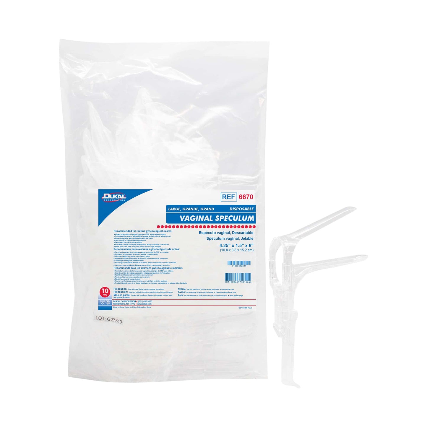 (Bag) Dukal Disposable Vaginal Speculum, 10/Bag