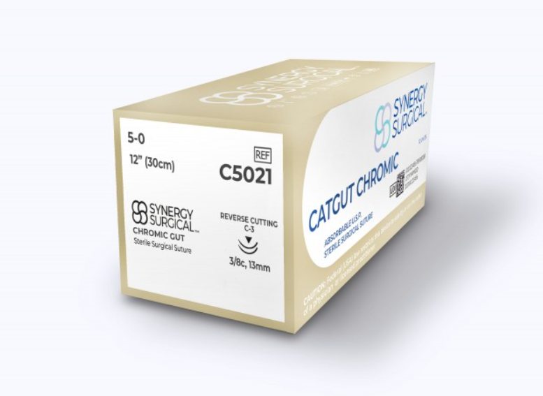 (Box) Synergy Surgical Chromic Gut Suture, 5-0, Reverse Cutting, 12 per Box