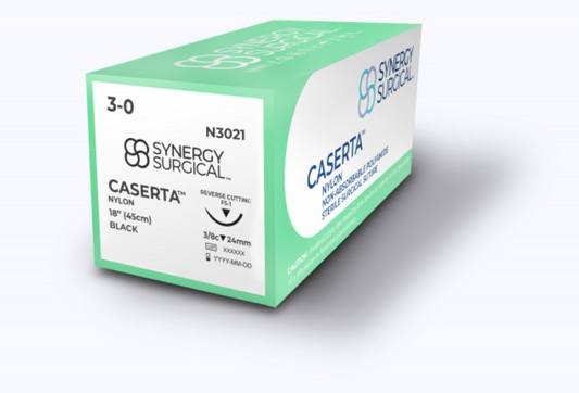 (Box) Synergy Surgical Caserta Nylon Suture, 3-0, Black, Reverse Cutting, 12 per Box