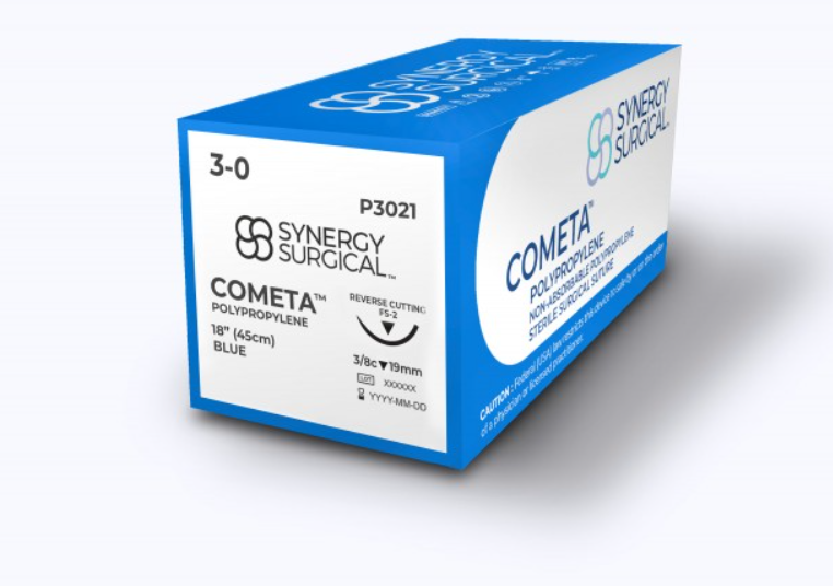 (Box) Synergy Surgical Cometa Polypropylene Suture, 3-0, Blue, Reverse Cutting, 12 per Box