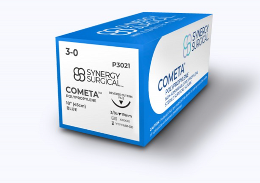 (Box) Synergy Surgical Cometa Polypropylene Suture, 3-0, Blue, Reverse Cutting, 12 per Box