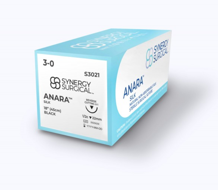 (Box) Synergy Surgical Anara Silk Suture, Black, Reverse Cutting, 12 per Box