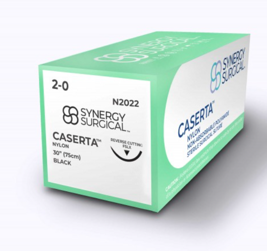 (Box) Synergy Surgical Caserta Nylon Suture, 2-0, Black, Reverse Cutting, 12 per Box
