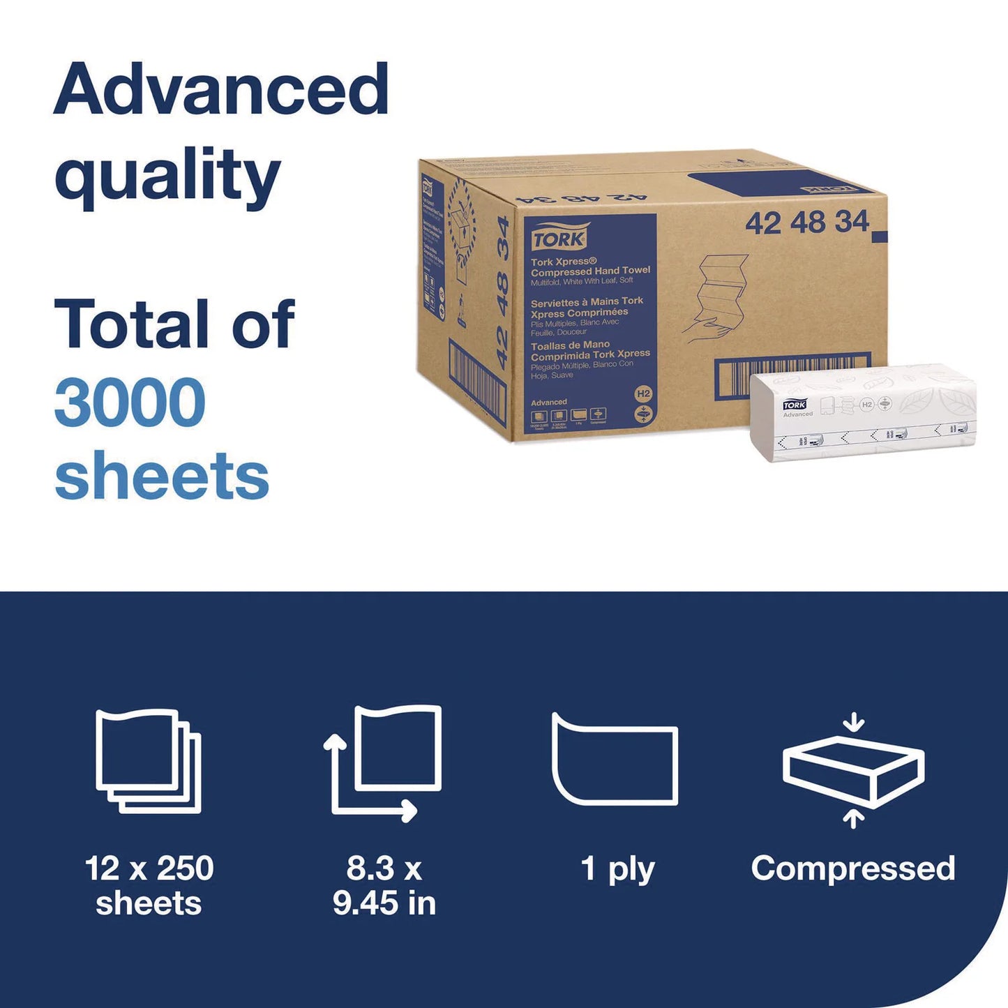 (Case) Tork® Xpress Compressed Multifold Hand Towels, 1-Ply, 8.3 x 9.25, White, 250/Pack, 12 Packs/Case