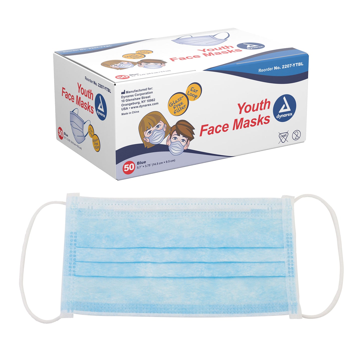 (Box) Dynarex Pediatric/ Youth Face Mask w/ Ear Loop, 50/Bx, 12/Case