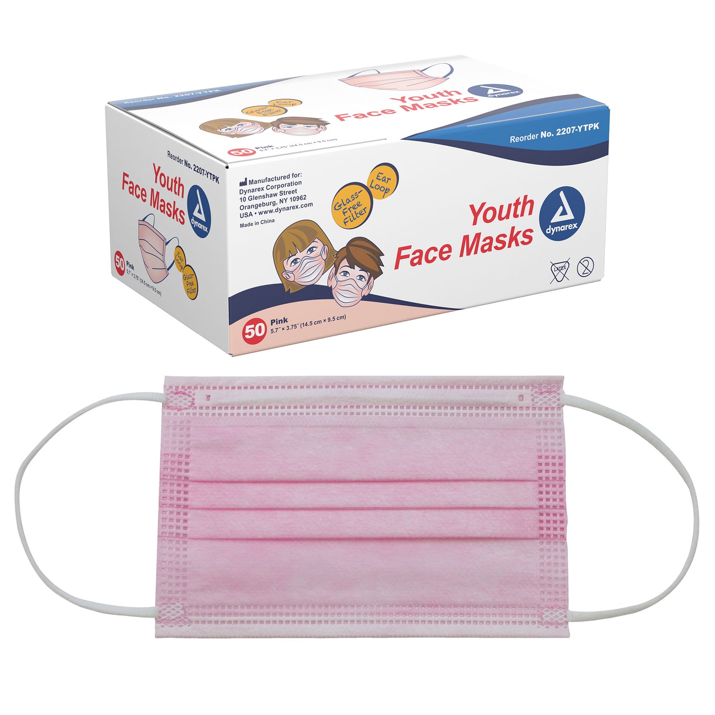 (Box) Dynarex Pediatric/ Youth Face Mask w/ Ear Loop, 50/Bx, 12/Case