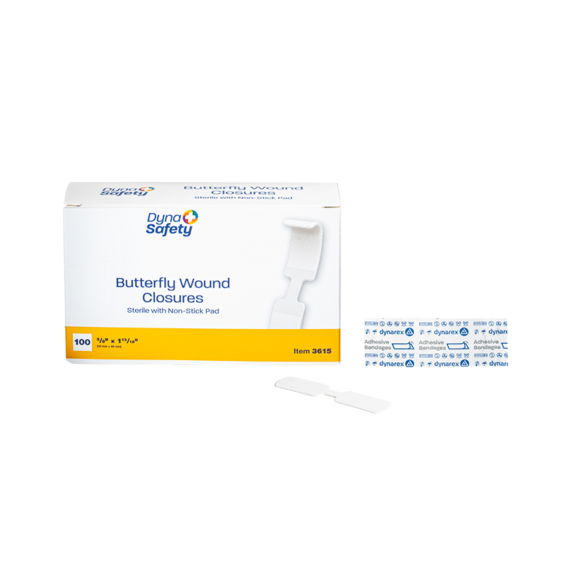 Sterile Butterfly Wound Closure 3/8 × 1 13/16 in, 100/box, 24 boxes/case – Dynarex 3615