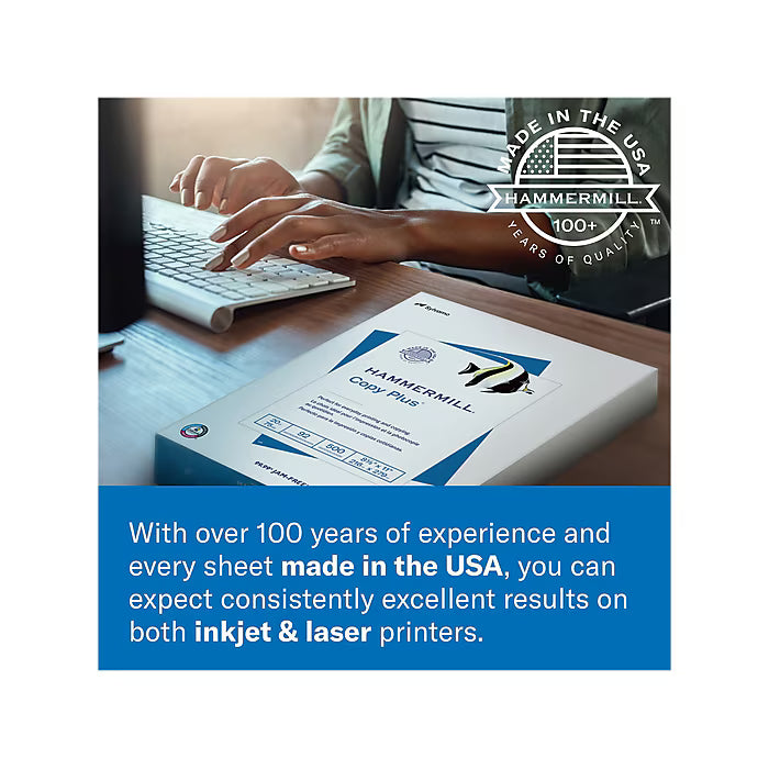 (Case) Hammermill Copy Plus 8.5" x 11" Printer Paper, 20 lbs., 92 Brightness, 500/Ream, 10 Reams/Case