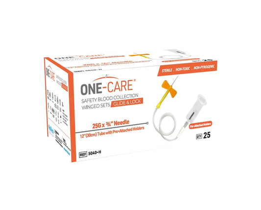 (Box) ONE-CARE GLIDE & LOCK Safety Blood Collection Wing Sets, Pre-Attached Holder, 12' Tube, 25/bx, 20bx/cs