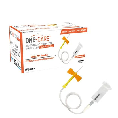(Box) ONE-CARE GLIDE & LOCK Safety Blood Collection Wing Sets, Pre-Attached Holder, 12' Tube, 25/bx, 20bx/cs