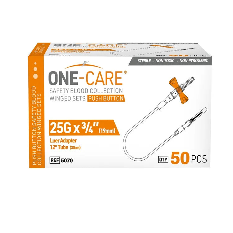 (Box) ONE-CARE PUSH-BUTTON Safety Blood Collection Winged set Luer Adapter, 12’’ Tube, 50/bx, 4bx/inner pack, 16bx/cs