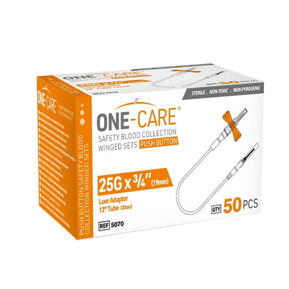 (Box) ONE-CARE PUSH-BUTTON Safety Blood Collection Winged set Luer Adapter, 12’’ Tube, 50/bx, 4bx/inner pack, 16bx/cs