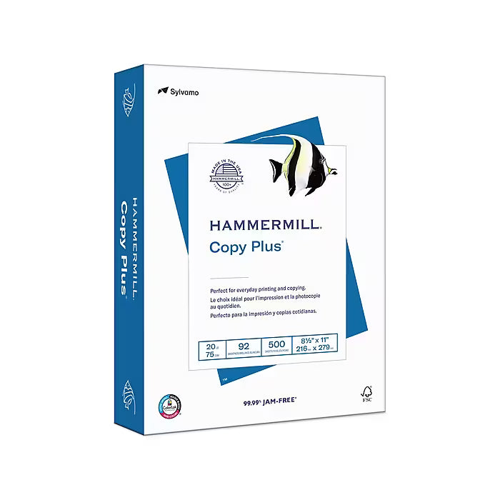 (Case) Hammermill Copy Plus 8.5" x 11" Printer Paper, 20 lbs., 92 Brightness, 500/Ream, 10 Reams/Case