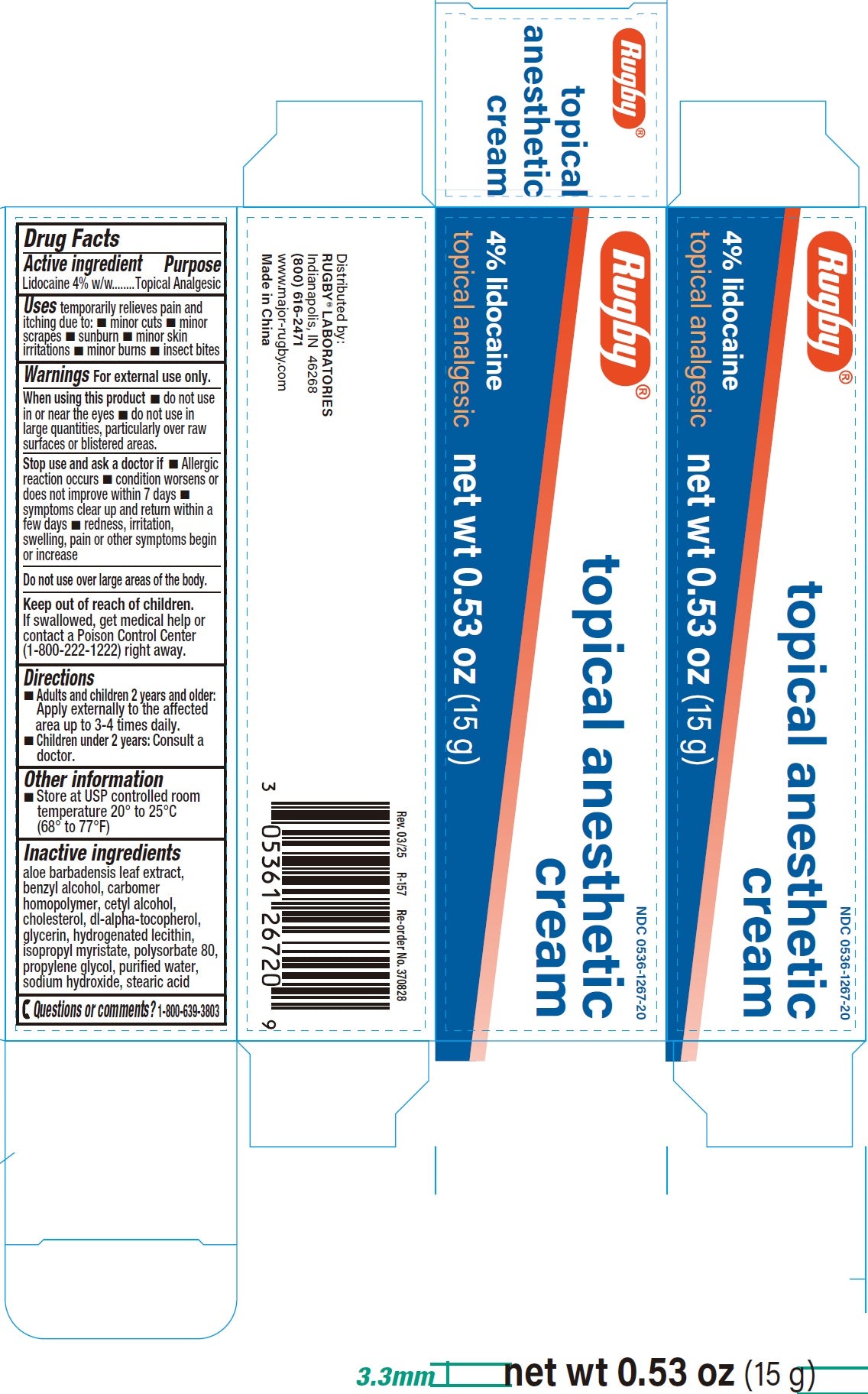 (Tube) RUGBY LIDOCAINE- lidocaine cream, 4%, 30 gm/ Tube