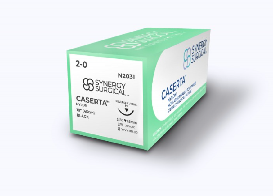 (Box) 2-0 Synergy Surgical Caserta Nylon Black 18" PS Premium Reverse Cutting, 12/Bx