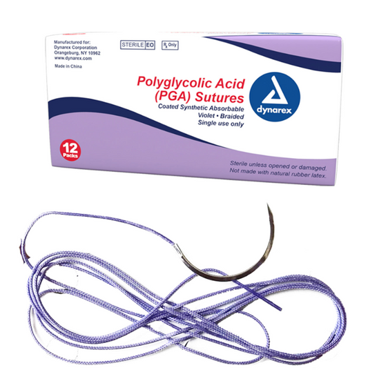 (Box) Dynarex Braided PGA Absorbable Synthetic Sutures, Violet, 5-0, C3 Needle, 18", 12/Bx
