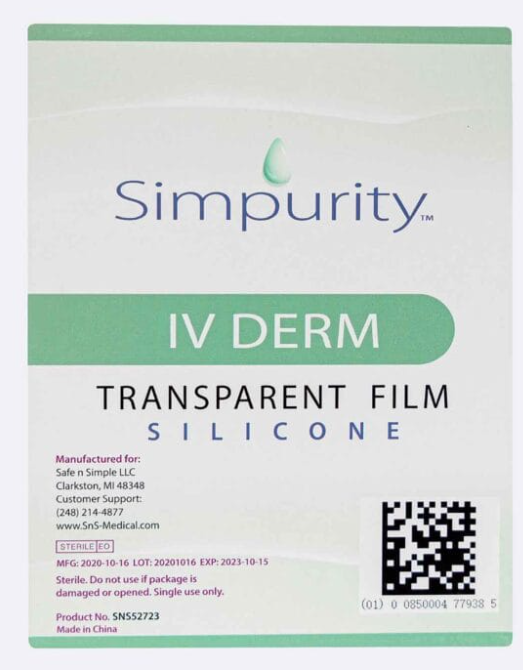 (Box) Safe N Simple Simpurity IV Derm Transparent Silicone Film Dressing, 2" x 3", 12/Bx