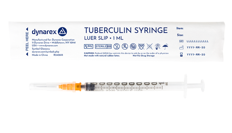 (Case) Dynarex Tuberculin Non-Safety Syringe - Luer Slip, 1 cc, 25G x 5/8", 10/100/CS