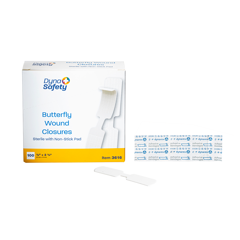 Sterile Butterfly Wound Closures, 1/2" × 2 3/4" – 100/Bx, 24 Bx/Cs – Dynarex SKU 3616