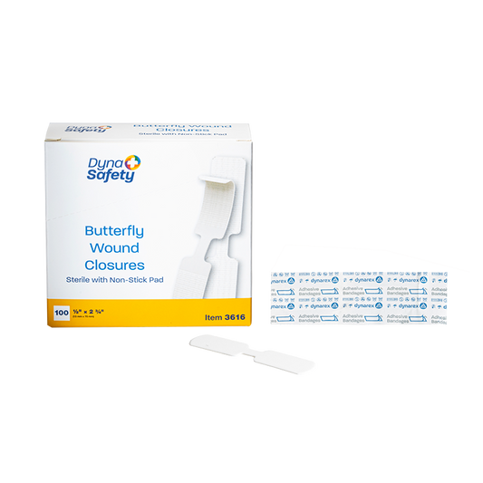 Sterile Butterfly Wound Closures, 1/2" × 2 3/4" – 100/Bx, 24 Bx/Cs – Dynarex SKU 3616