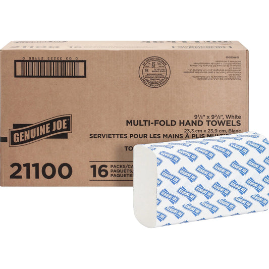 (Case) Genuine Joe 21100 White Multifold Paper Towels, 9 4/10" x 9 1/4", White, 4000/Ca