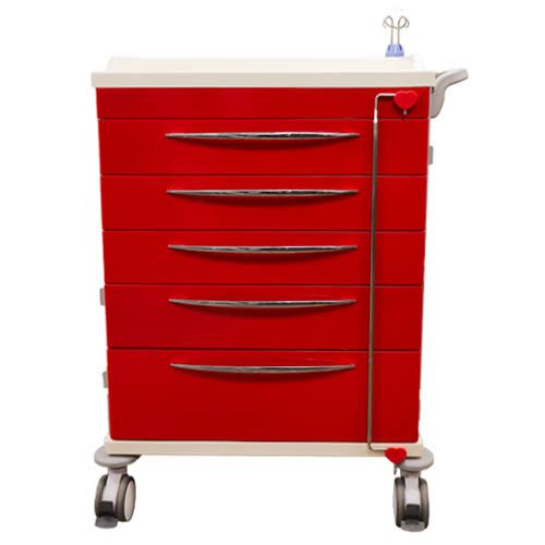 Axia AMC50R 5-Drawer Emergency Crash Cart with IV Pole, O2 Holder, CPR Board and Accessory Package